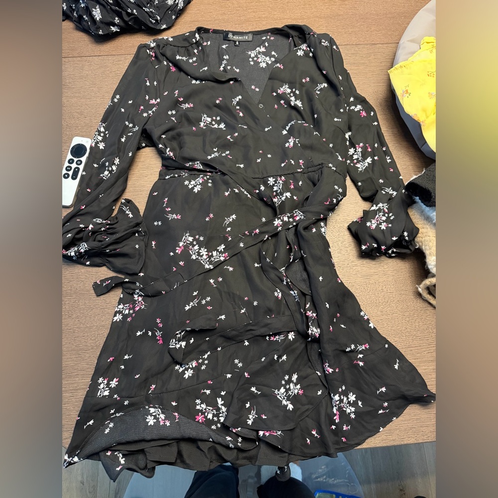 Dynamite Black Long Sleeve Floral Wrap Dress with Pink & White Blossoms
